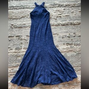 Navy Blue Sheer Lace High Neckline Mermaid Skirt Formal Dress